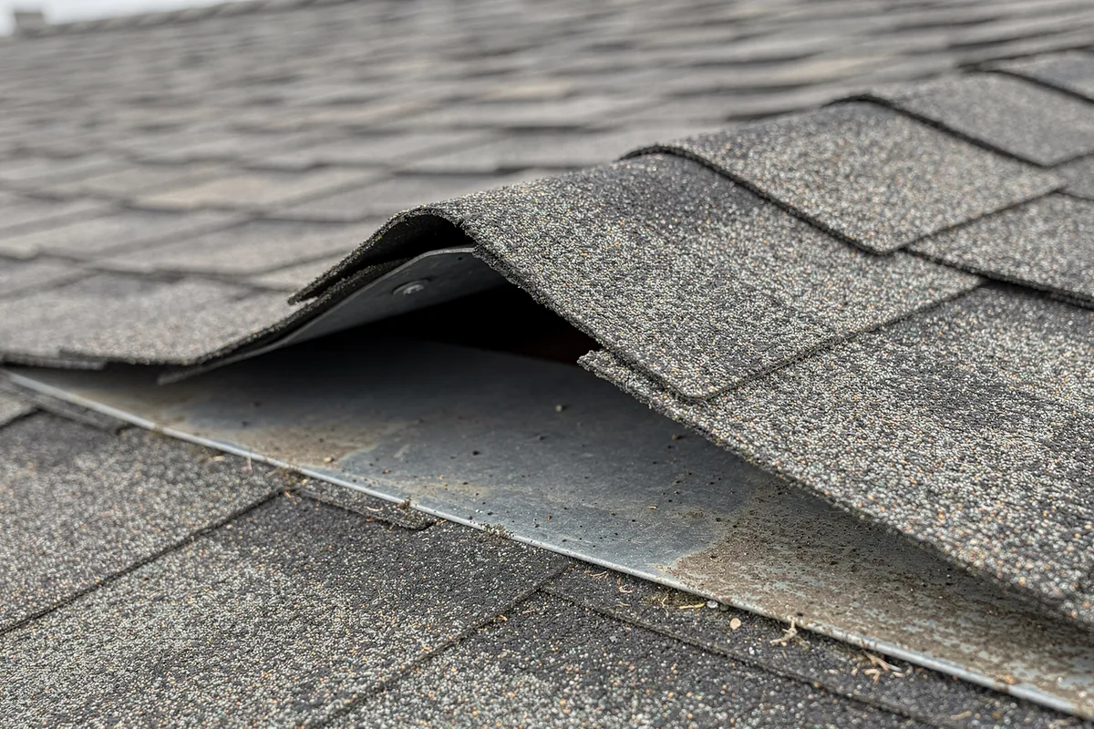 Courses of shingles lifted and torn along a roof edge with grey underlayment and bare nails showing underneath.